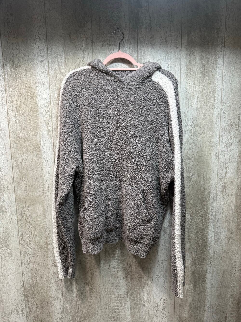 SKIMS Cozy Knit Hoodie Womens Small Gray White Stripe Pullover Kangaroo Pocket